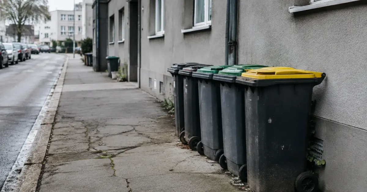 Immeubles gris et poubelles alignees sur un trottoir fissure