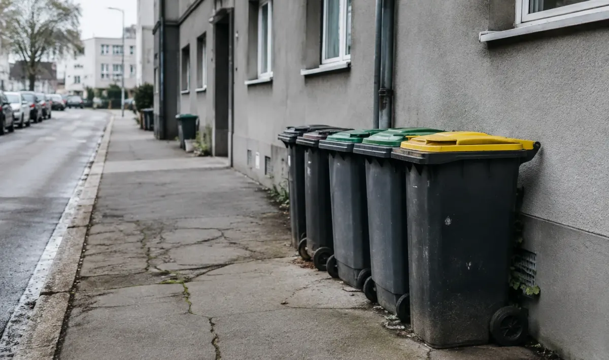 Immeubles gris et poubelles alignees sur un trottoir fissure