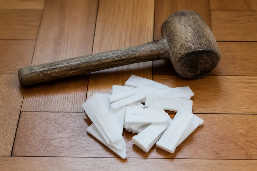 Maillet en bois et cales blanches sur parquet