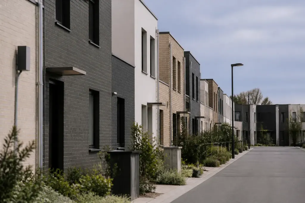 Rangees de maisons neuves formant un quartier urbain