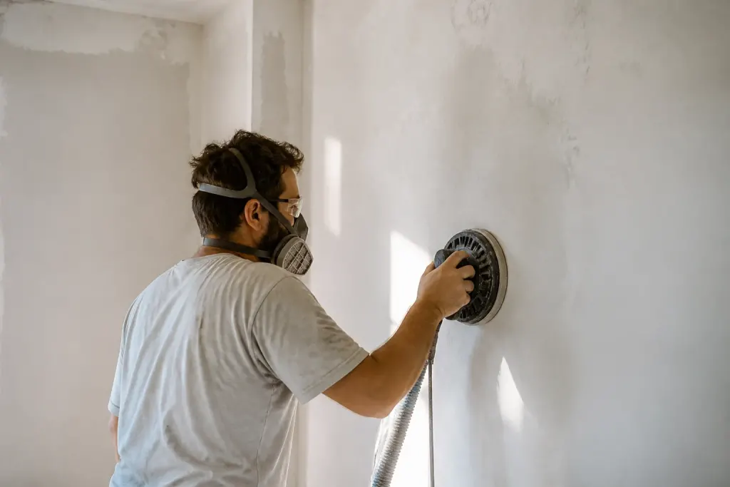 Mur blanc enduit sous lumiere rasante avec ponceuse