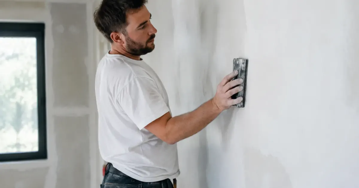 Ouvrier debout tient cale abrasive contre cloison blanche