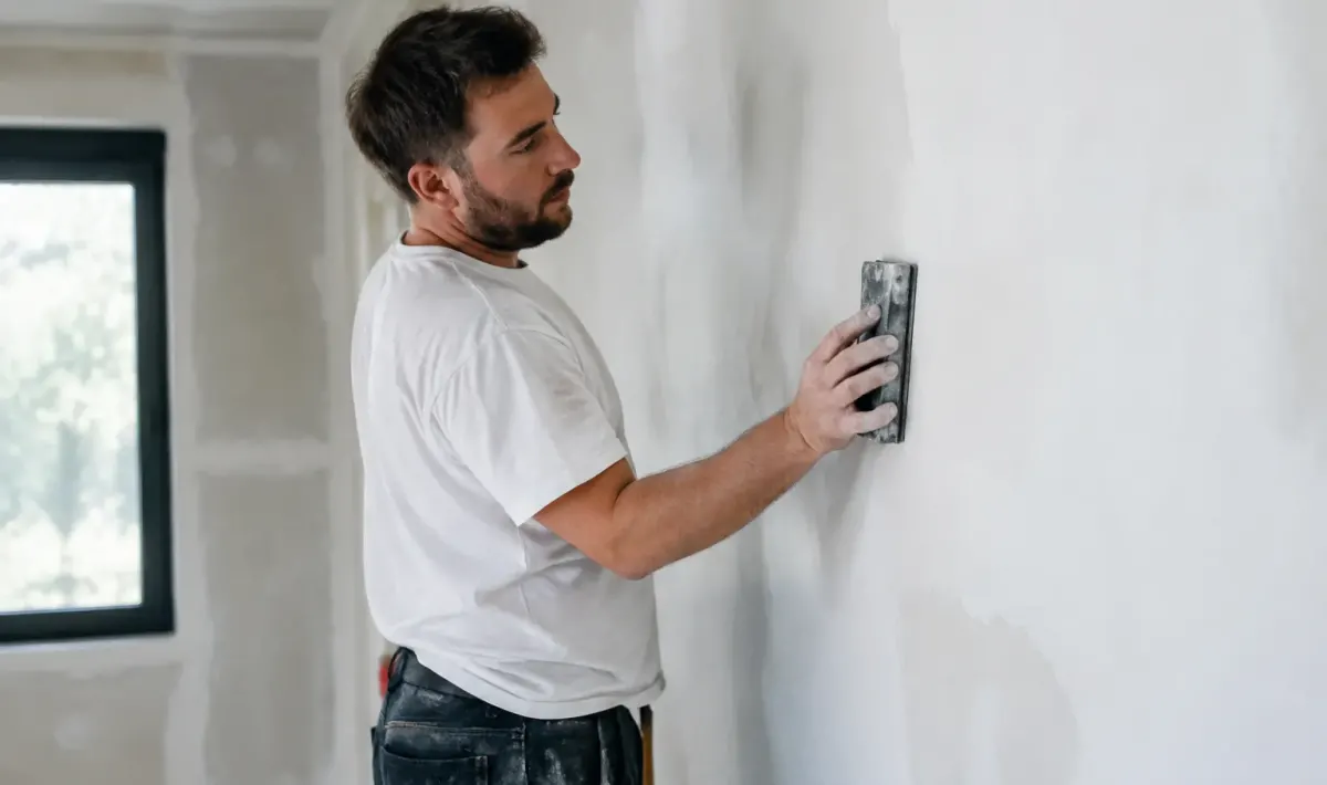 Ouvrier debout tient cale abrasive contre cloison blanche