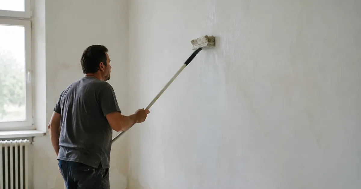 Ouvrier debout frotte un mur blanc avec une perche