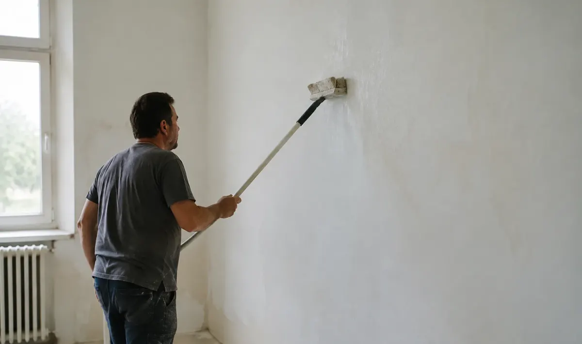 Ouvrier debout frotte un mur blanc avec une perche