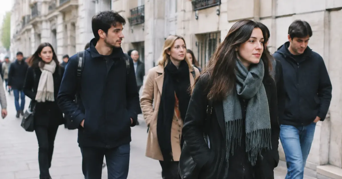 Groupe de passants marchant sur trottoir devant immeubles