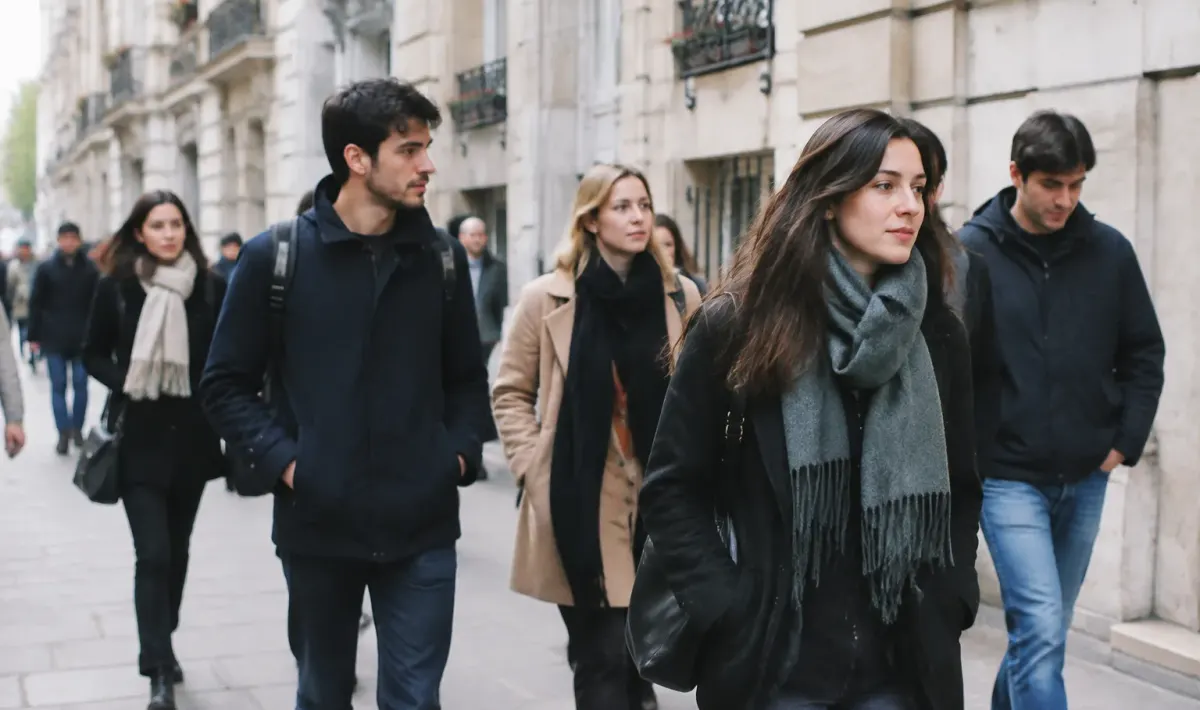 Groupe de passants marchant sur trottoir devant immeubles