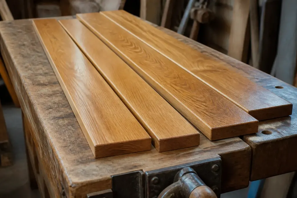 Planches de chene clair vernies sur un etabli