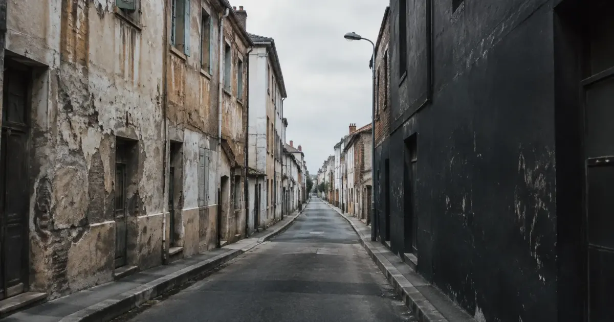 rue urbaine deserte avec facades deteriorees et murs noirs