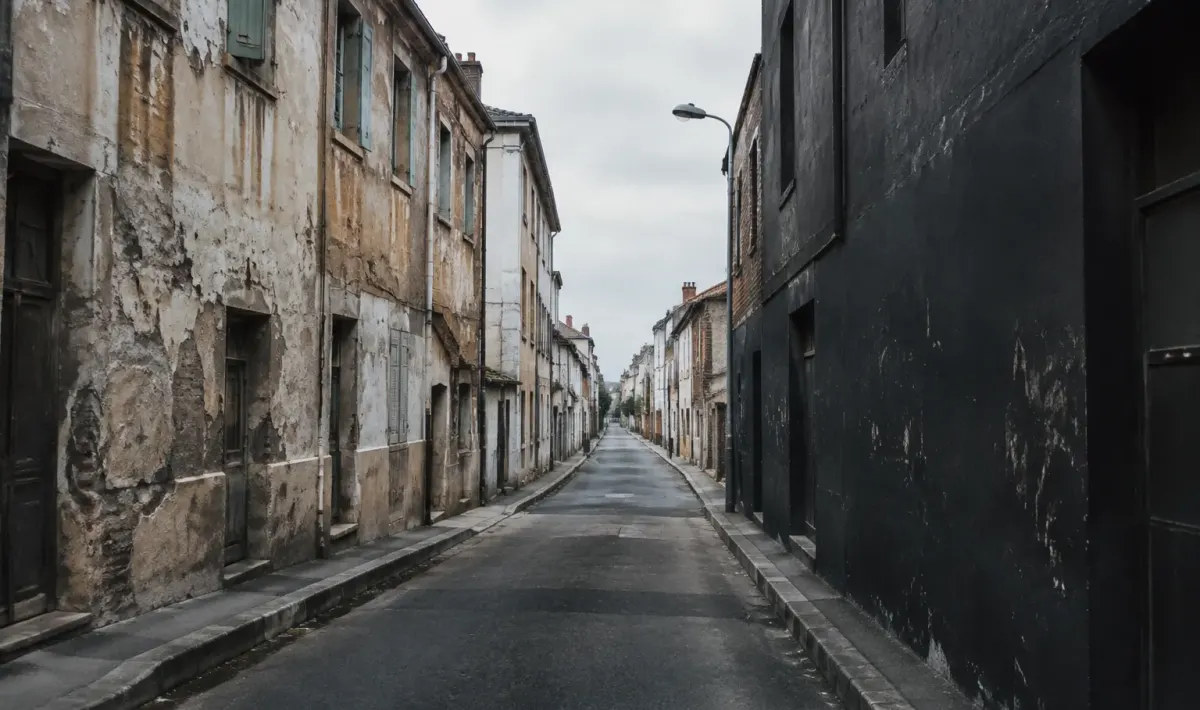 rue urbaine deserte avec facades deteriorees et murs noirs