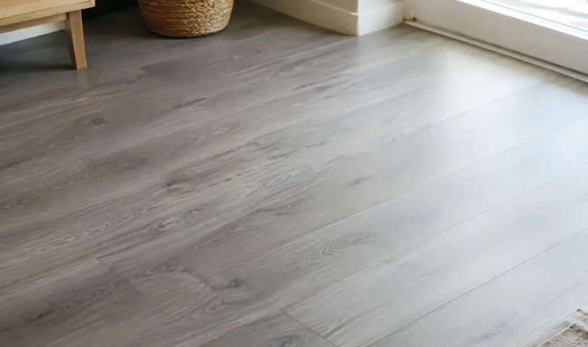 Lames vinyle grises colles sur du carrelage blanc